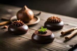 chocolate desserts on a wooden table. AI-Generated photo