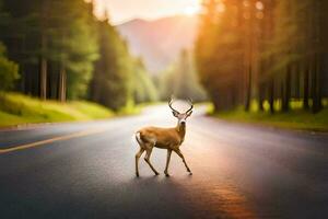 un ciervo es caminando a través de el la carretera a puesta de sol. generado por ai foto