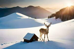 a deer stands in the snow next to a cabin. AI-Generated photo