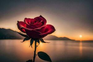 a single red rose is in front of the sun. AI-Generated photo