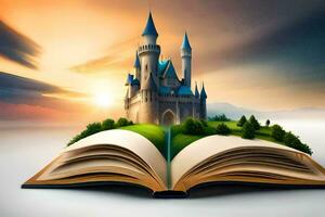 the castle is made of paper and the book is open. AI-Generated photo