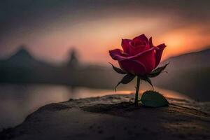 a single rose is growing from the ground in front of a sunset. AI-Generated photo