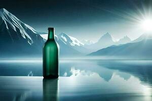 a bottle of wine is sitting on the water in front of mountains. AI-Generated photo