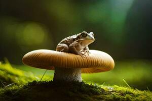 a frog sits on top of a mushroom in the forest. AI-Generated photo