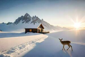 a deer stands in front of a cabin in the snow. AI-Generated photo