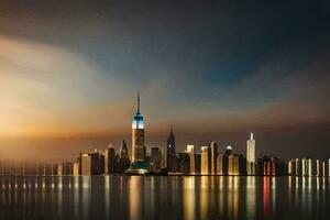 el ciudad horizonte es reflejado en el agua. generado por ai foto