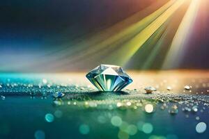 un diamante es sentado en un mesa con agua gotas. generado por ai foto