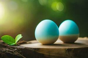 two blue eggs on a stump. AI-Generated photo