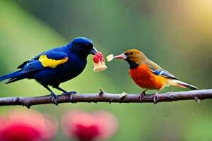 dos aves son sentado en un rama con un pedazo de fruta. generado por ai foto