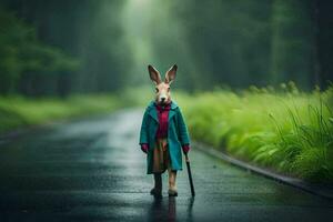 a rabbit in a coat and hat standing on a wet road. AI-Generated photo