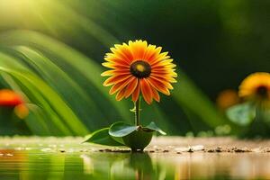 a single orange flower is standing in the water. AI-Generated photo