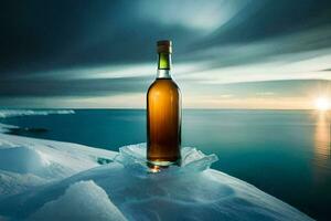 a bottle of whiskey on ice in front of the ocean. AI-Generated photo