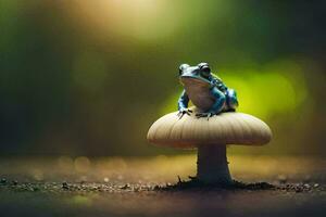 a blue frog sitting on top of a mushroom. AI-Generated photo