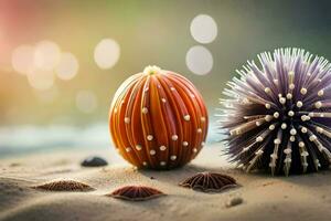 two colorful sea urchins on the beach. AI-Generated photo