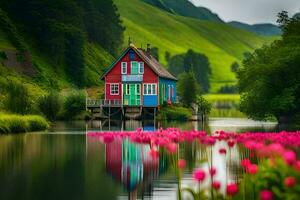 colorful house on the water with pink tulips. AI-Generated photo