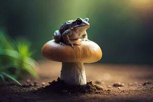 a frog sitting on top of a mushroom. AI-Generated photo