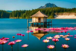 the lake is surrounded by pink lotus flowers. AI-Generated photo