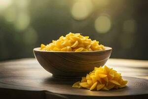 a bowl of mangoes on a wooden table. AI-Generated photo