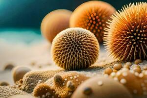 a group of spiky balls on the sand. AI-Generated photo