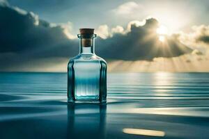 a bottle of water in the ocean with the sun shining. AI-Generated photo