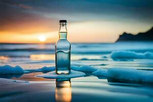 un botella de agua se sienta en el playa a puesta de sol. generado por ai foto