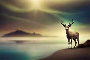 a deer stands on the shore of a lake with a mountain in the background. AI-Generated photo