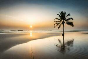 a palm tree is standing on the beach at sunset. AI-Generated photo