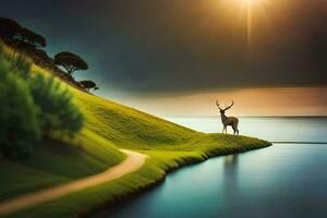 photo wallpaper the sky, water, deer, the sun, the sea, the landscape, the. AI-Generated