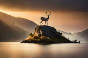 photo wallpaper the sky, water, mountains, deer, the animal, the animal, nature,. AI-Generated