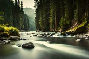 a river flowing through a forest with rocks and trees. AI-Generated photo