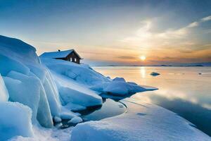 a small cabin sits on top of an ice covered beach. AI-Generated photo