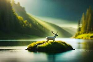 a deer stands on a small island in the middle of a lake. AI-Generated photo