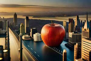 an apple is sitting on top of a bridge over a city. AI-Generated photo