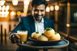 a man in a suit holding a tray of food. AI-Generated photo