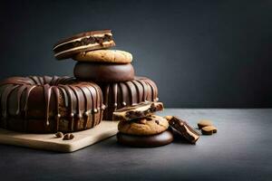 chocolate bundt cake with cookies and chocolate drizzle on a dark background. AI-Generated photo