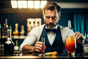 un barman es preparando un cóctel. generado por ai foto