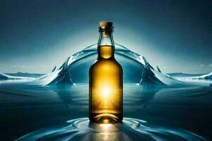 a bottle of whisky in front of an iceberg. AI-Generated photo