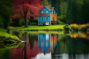 un vistoso casa se sienta en el borde de un lago. generado por ai foto