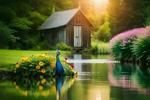 peacock in pond with flowers and house in background. AI-Generated photo