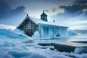 a small wooden house sits on top of an ice covered beach. AI-Generated photo