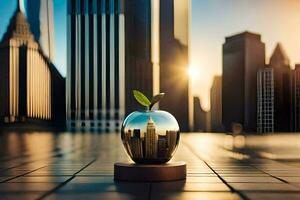 an apple in a glass vase on a table in front of a cityscape. AI-Generated photo