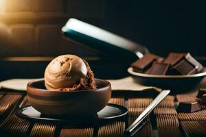 chocolate ice cream in a bowl with chocolate pieces. AI-Generated photo