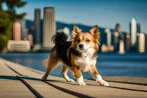 a dog walking on a dock with a city skyline in the background. AI-Generated photo