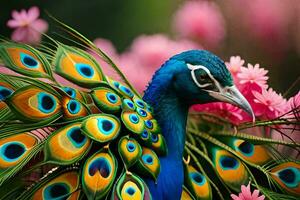 a peacock with colorful feathers standing in front of pink flowers. AI-Generated photo
