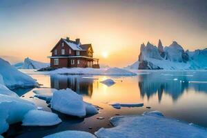 un casa se sienta en un iceberg en el medio de el océano. generado por ai foto