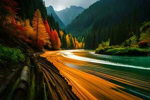 autumn, mountains, river, water, trees, autumn, trees, water, mountains,. AI-Generated photo