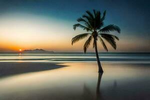 a palm tree stands on the beach at sunset. AI-Generated photo