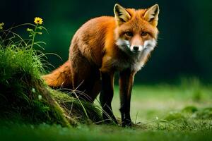 a red fox stands in the grass near a tree. AI-Generated photo