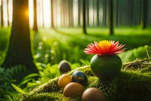 Pascua de Resurrección huevos en el bosque. generado por ai foto