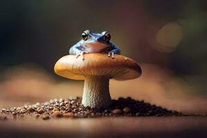 a frog sitting on top of a mushroom. AI-Generated photo